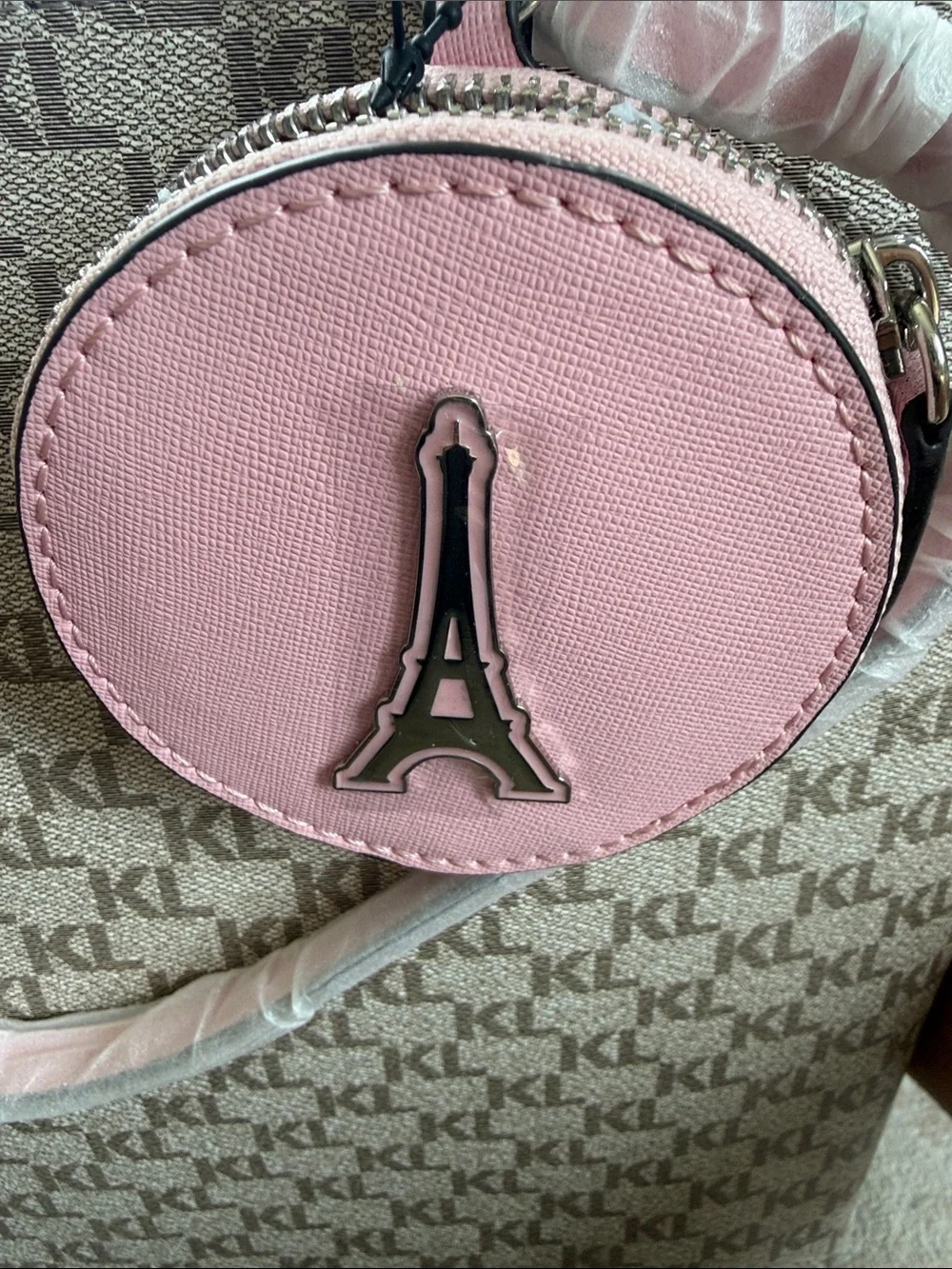 Karl Lagerfeld Paris Beige Monogram Adele Tote with Pink Coin Pouch